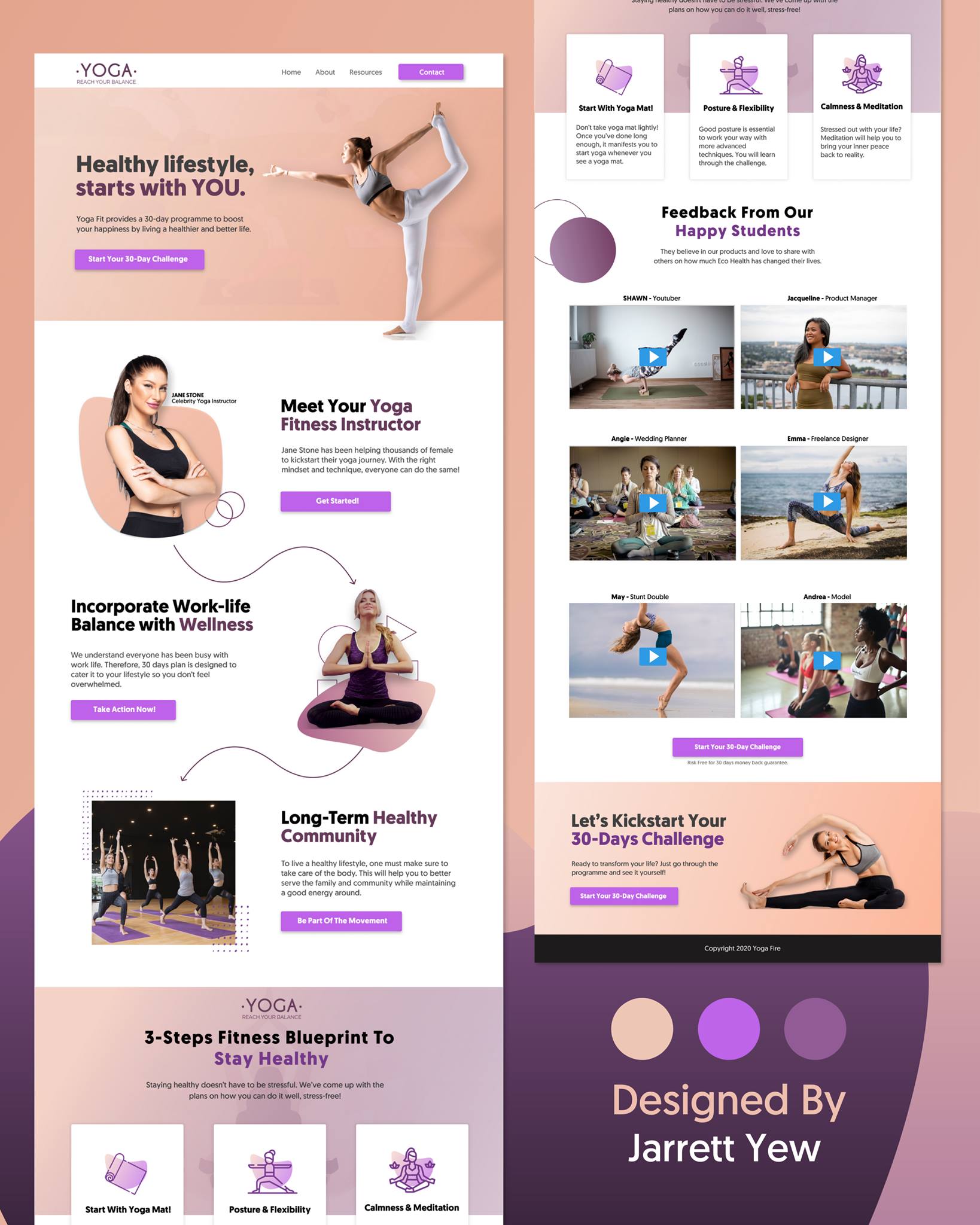 A yoga fitness landing page designed by Jarrett Yew