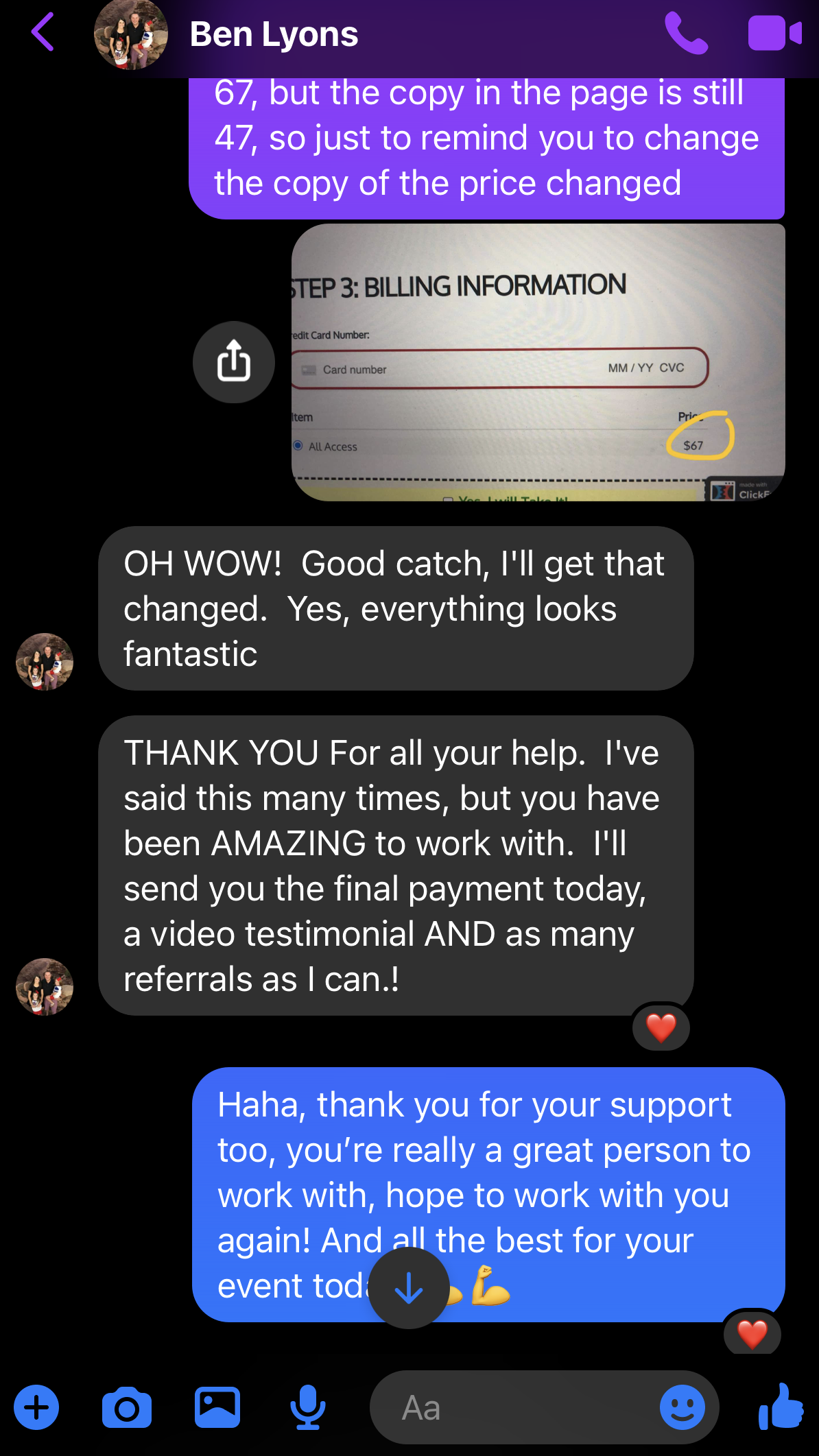 A client thanking Shanice in a chat message for her landing page work